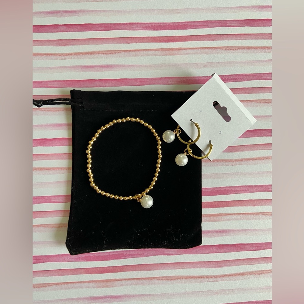 NEW. Set of 14KT gold plated hoop earrings and bracelet with faux pearl charm. - Picture 3 of 7
